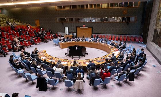 联合国安理会关于武装冲突中保护平民问题的会议全景。